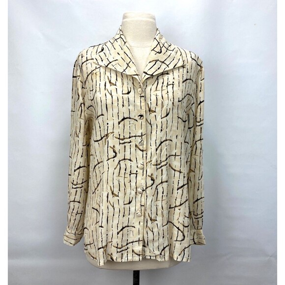 Tess Womans Silk Blouse Medium Button Front Long Sleeves Soft Art Print Career - Picture 1 of 12